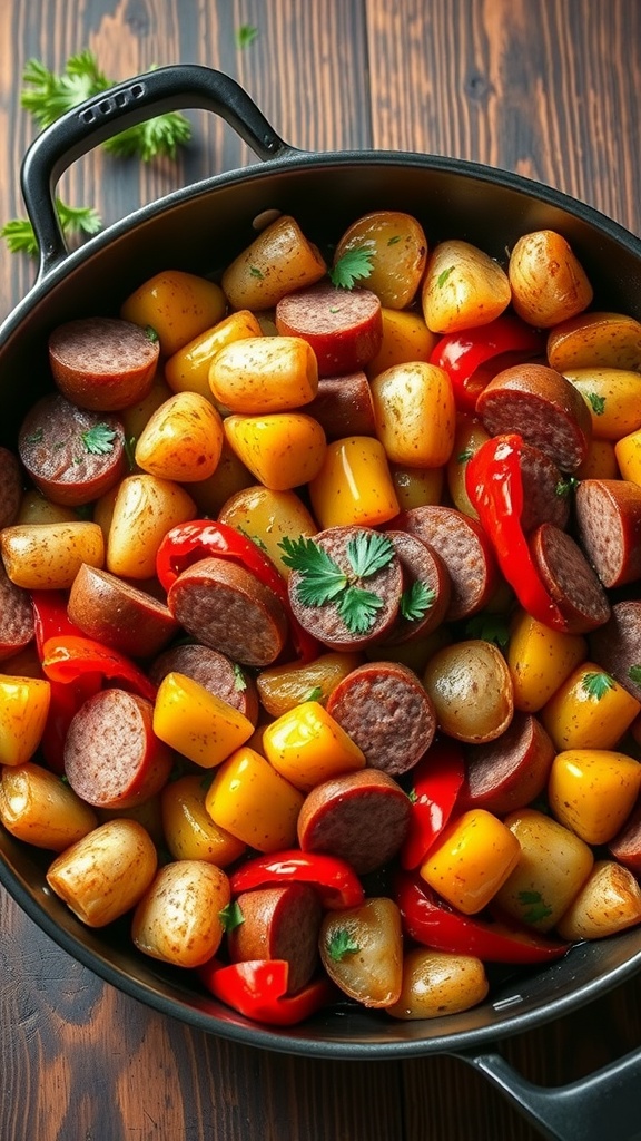 One pan kielbasa and potatoes with bell peppers, garnished with parsley, served on a wooden table.